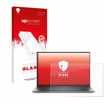 Parte frontal de un envase de producto con el logotipo de la marca upscreen. Al lado se muestra el dispositivo Dell Precision 