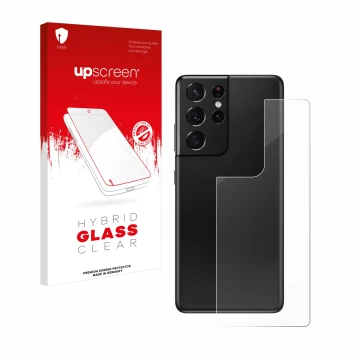 Parte frontal de un envase de producto con el logotipo de la marca upscreen. Al lado se muestra el dispositivo Samsung Galaxy 