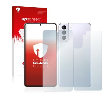 Parte frontal de un envase de producto con el logotipo de la marca upscreen. Al lado se muestra el dispositivo Samsung Galaxy 