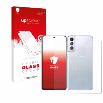 Parte frontal de un envase de producto con el logotipo de la marca upscreen. Al lado se muestra el dispositivo Samsung Galaxy 