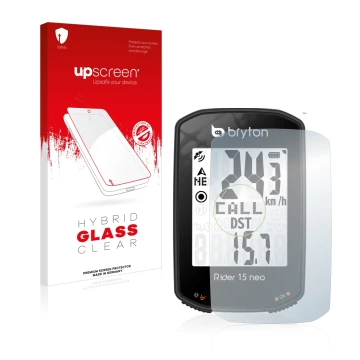 Parte frontal de un envase de producto con el logotipo de la marca upscreen. Al lado se muestra el dispositivo Bryton Rider 15
