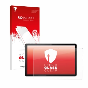 Parte frontal de un envase de producto con el logotipo de la marca upscreen. Al lado se muestra el dispositivo Lenovo Tab P11 
