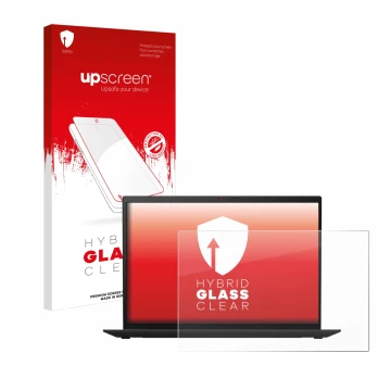 Parte frontal de un envase de producto con el logotipo de la marca upscreen. Al lado se muestra el dispositivo Lenovo ThinkPad