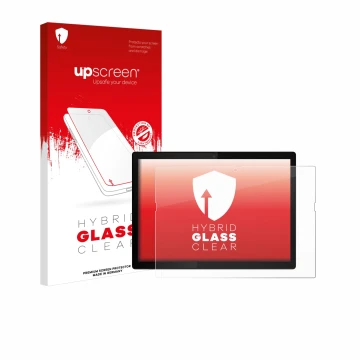 Parte frontal de un envase de producto con el logotipo de la marca upscreen. Al lado se muestra el dispositivo Lenovo ThinkPad