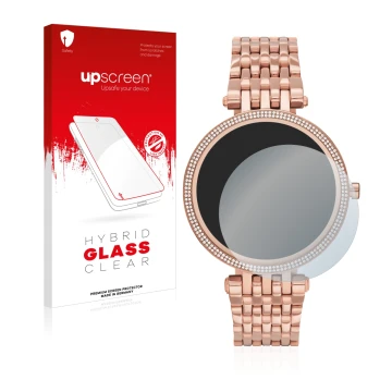 Parte frontal de un envase de producto con el logotipo de la marca upscreen. Al lado se muestra el dispositivo Michael Kors Ac
