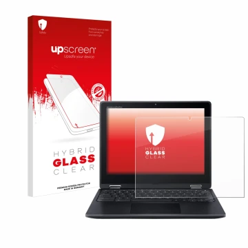 Parte frontal de un envase de producto con el logotipo de la marca upscreen. Al lado se muestra el dispositivo Acer Chromebook