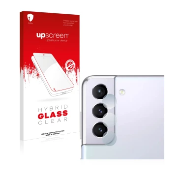 Parte frontal de un envase de producto con el logotipo de la marca upscreen. Al lado se muestra el dispositivo Samsung Galaxy 
