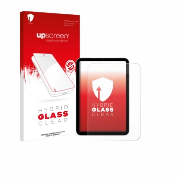 Parte frontal de un envase de producto con el logotipo de la marca upscreen. Al lado se muestra el dispositivo Apple iPad Mini