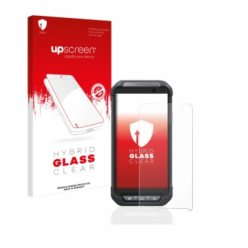 Parte frontal de un envase de producto con el logotipo de la marca upscreen. Al lado se muestra el dispositivo Point Mobile PM