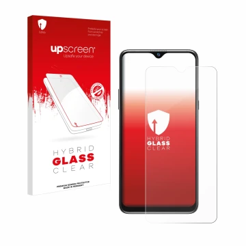 Parte frontal de un envase de producto con el logotipo de la marca upscreen. Al lado se muestra el dispositivo Blackview A80s 