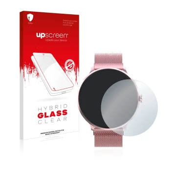 Parte frontal de un envase de producto con el logotipo de la marca upscreen. Al lado se muestra el dispositivo Bebinca Smartwa
