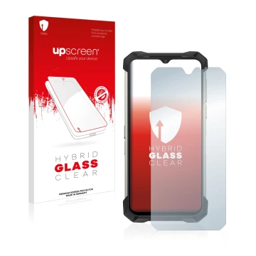 Parte frontal de un envase de producto con el logotipo de la marca upscreen. Al lado se muestra el dispositivo Doogee S88 Plus