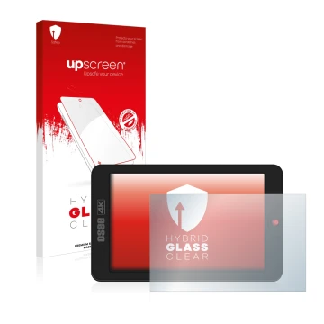 Parte frontal de un envase de producto con el logotipo de la marca upscreen. Al lado se muestra el dispositivo Osee G7 con su 