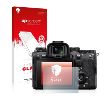 Parte frontal de un envase de producto con el logotipo de la marca upscreen. Al lado se muestra el dispositivo Sony Alpha 1 co