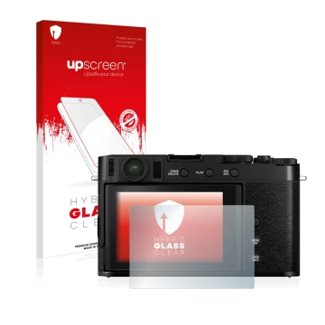 Parte frontal de un envase de producto con el logotipo de la marca upscreen. Al lado se muestra el dispositivo Fujifilm X-E4 c