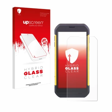 Parte frontal de un envase de producto con el logotipo de la marca upscreen. Al lado se muestra el dispositivo Cipherlab RS35 