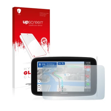 Parte frontal de un envase de producto con el logotipo de la marca upscreen. Al lado se muestra el dispositivo TomTom GO Disco