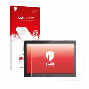 Parte frontal de un envase de producto con el logotipo de la marca upscreen. Al lado se muestra el dispositivo Lenovo Tab M10 