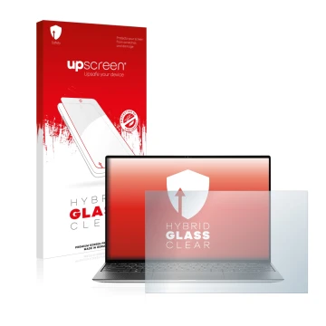 Parte frontal de un envase de producto con el logotipo de la marca upscreen. Al lado se muestra el dispositivo Dell XPS 13 931