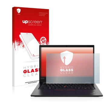 Parte frontal de un envase de producto con el logotipo de la marca upscreen. Al lado se muestra el dispositivo Lenovo ThinkPad