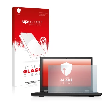 Parte frontal de un envase de producto con el logotipo de la marca upscreen. Al lado se muestra el dispositivo Lenovo ThinkPad