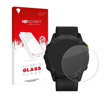 Parte frontal de un envase de producto con el logotipo de la marca upscreen. Al lado se muestra el dispositivo Garmin Enduro c