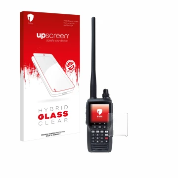 Parte frontal de un envase de producto con el logotipo de la marca upscreen. Al lado se muestra el dispositivo Yaesu FTA-550 c