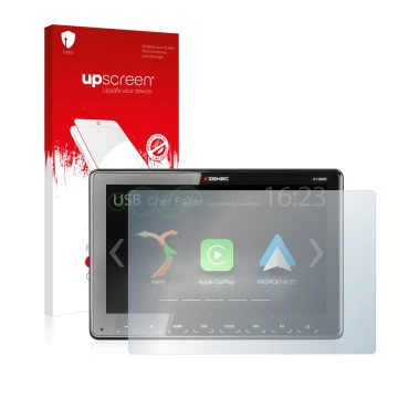 Parte frontal de un envase de producto con el logotipo de la marca upscreen. Al lado se muestra el dispositivo Zenec Z-N965 co