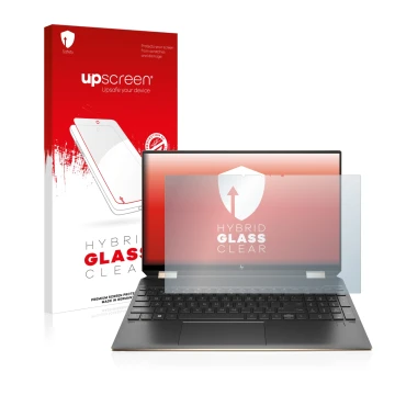 Parte frontal de un envase de producto con el logotipo de la marca upscreen. Al lado se muestra el dispositivo HP Spectre x360