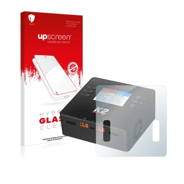 Parte frontal de un envase de producto con el logotipo de la marca upscreen. Al lado se muestra el dispositivo ISDT Smart Duo 