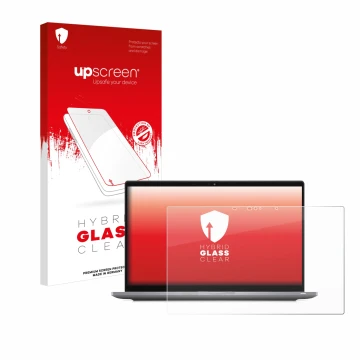 Parte frontal de un envase de producto con el logotipo de la marca upscreen. Al lado se muestra el dispositivo Dell Latitude 7