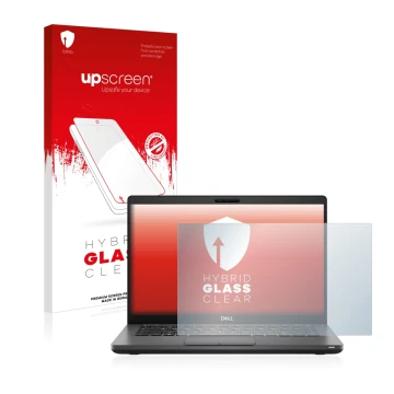 Parte frontal de un envase de producto con el logotipo de la marca upscreen. Al lado se muestra el dispositivo Dell Latitude 5