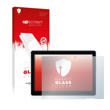 Parte frontal de un envase de producto con el logotipo de la marca upscreen. Al lado se muestra el dispositivo MEDION Lifetab 
