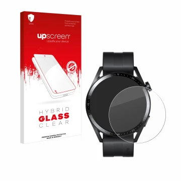 Parte frontal de un envase de producto con el logotipo de la marca upscreen. Al lado se muestra el dispositivo Huawei Watch GT