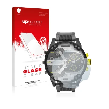 Parte frontal de un envase de producto con el logotipo de la marca upscreen. Al lado se muestra el dispositivo Diesel DZ7422 M