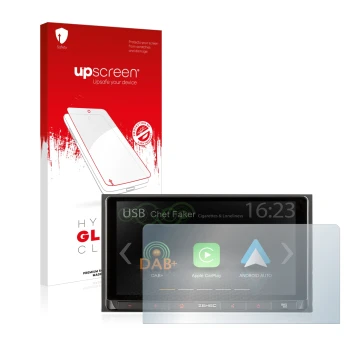 Parte frontal de un envase de producto con el logotipo de la marca upscreen. Al lado se muestra el dispositivo Zenec Z-N528 co