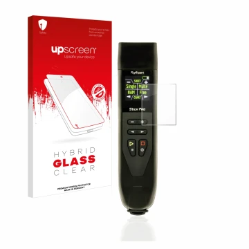 Parte frontal de un envase de producto con el logotipo de la marca upscreen. Al lado se muestra el dispositivo RigExpert Stick