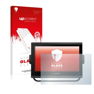 Parte frontal de un envase de producto con el logotipo de la marca upscreen. Al lado se muestra el dispositivo Garmin GPSMAP 9