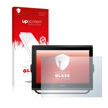 Parte frontal de un envase de producto con el logotipo de la marca upscreen. Al lado se muestra el dispositivo Garmin GPSMAP 1