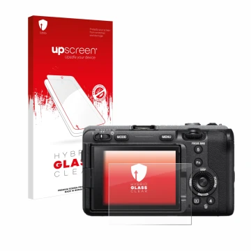 Parte frontal de un envase de producto con el logotipo de la marca upscreen. Al lado se muestra el dispositivo Sony FX3 con su