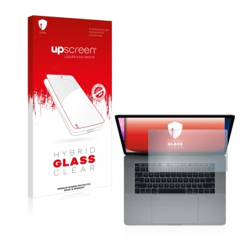 Parte frontal de un envase de producto con el logotipo de la marca upscreen. Al lado se muestra el dispositivo Apple MacBook P