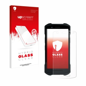 Parte frontal de un envase de producto con el logotipo de la marca upscreen. Al lado se muestra el dispositivo Zebra TC26 con 