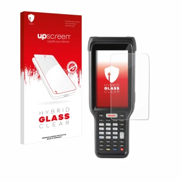 Parte frontal de un envase de producto con el logotipo de la marca upscreen. Al lado se muestra el dispositivo Honeywell ScanP