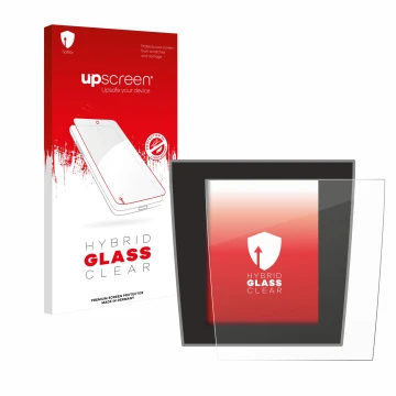 Parte frontal de un envase de producto con el logotipo de la marca upscreen. Al lado se muestra el dispositivo Porsche Taycan 