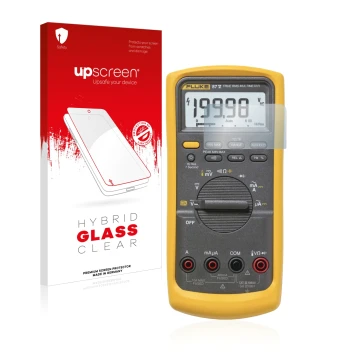 Parte frontal de un envase de producto con el logotipo de la marca upscreen. Al lado se muestra el dispositivo Fluke 87v con s