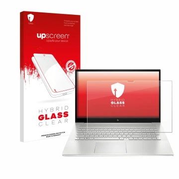 Parte frontal de un envase de producto con el logotipo de la marca upscreen. Al lado se muestra el dispositivo HP Envy 17-cX c