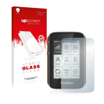 Parte frontal de un envase de producto con el logotipo de la marca upscreen. Al lado se muestra el dispositivo CooSpo BC200 co