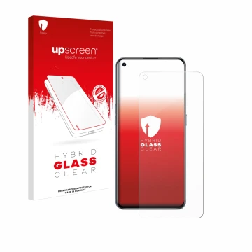 Parte frontal de un envase de producto con el logotipo de la marca upscreen. Al lado se muestra el dispositivo realme GT 5G co