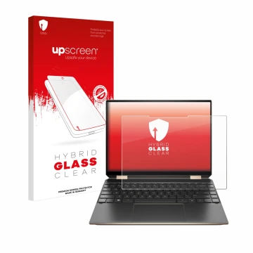 Parte frontal de un envase de producto con el logotipo de la marca upscreen. Al lado se muestra el dispositivo HP Spectre x360