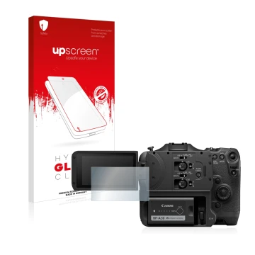 Parte frontal de un envase de producto con el logotipo de la marca upscreen. Al lado se muestra el dispositivo Canon EOS C70 c